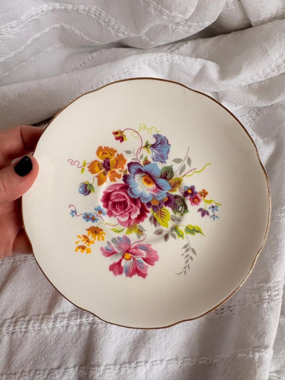 Vintage Royal Grafton Floral Saucer | Fine Bone China, Gold Trim (Made in Englan